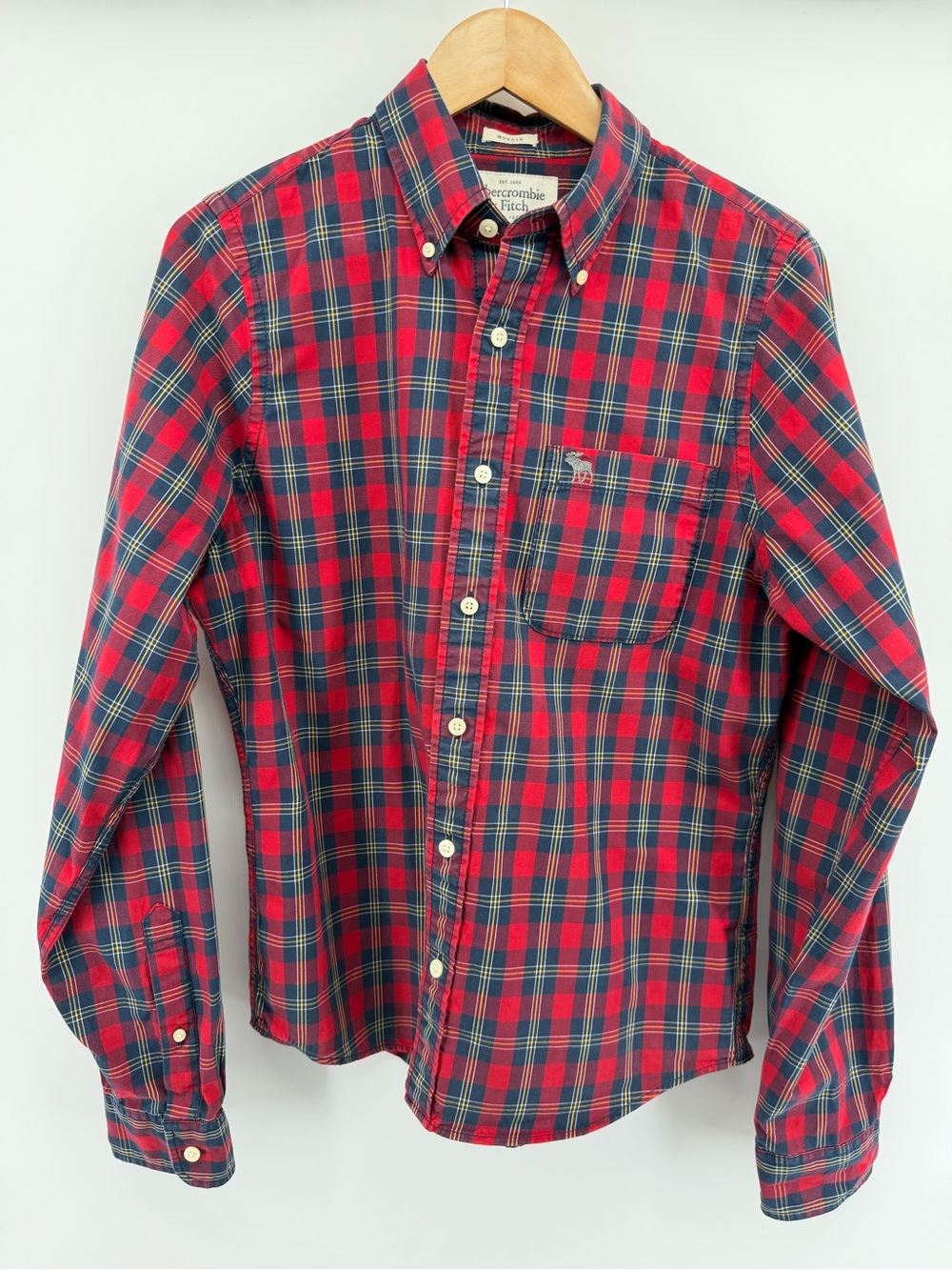 Abercrombie & Fitch Red, Navy & Yellow Plaid Button-Down Shirt